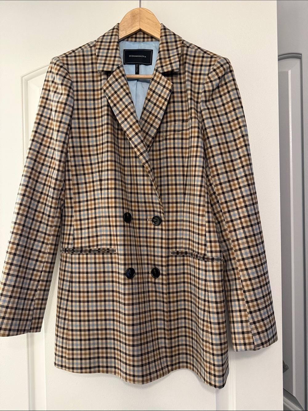 BCBGeneration Tan and Black Plaid Double-Breasted Blazer